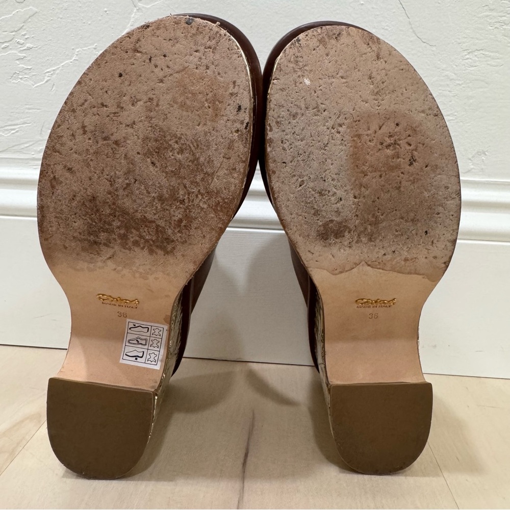 Chloe Oil Leather Cork Platform Mule Sandals Women's 36 = US 6 Brown Gold Italy - Picture 13 of 16